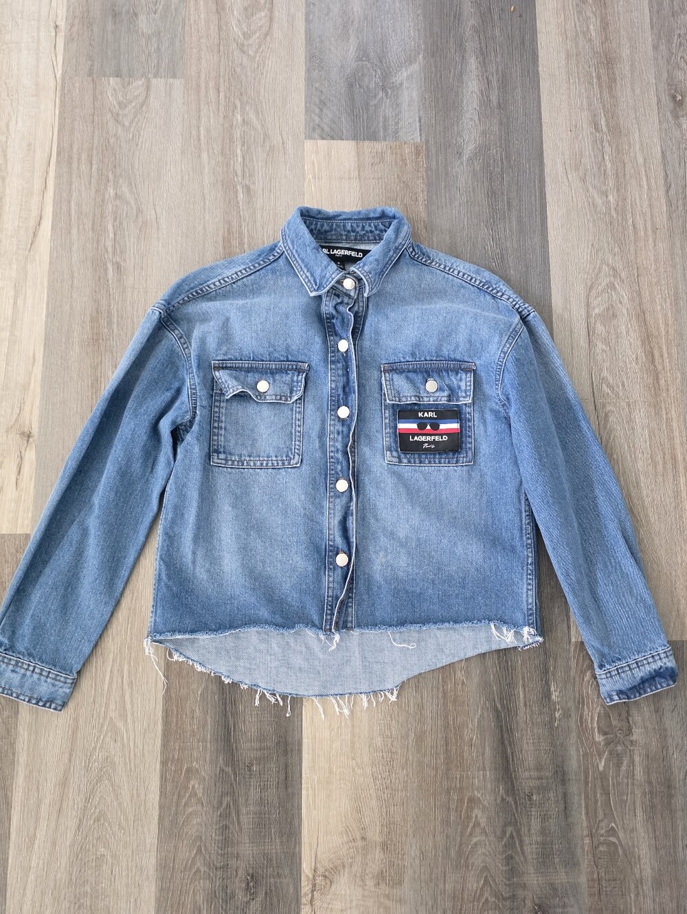 Karl Lagerfeld Women's  Blue Distressed Denim Shirt Jacket Size M
